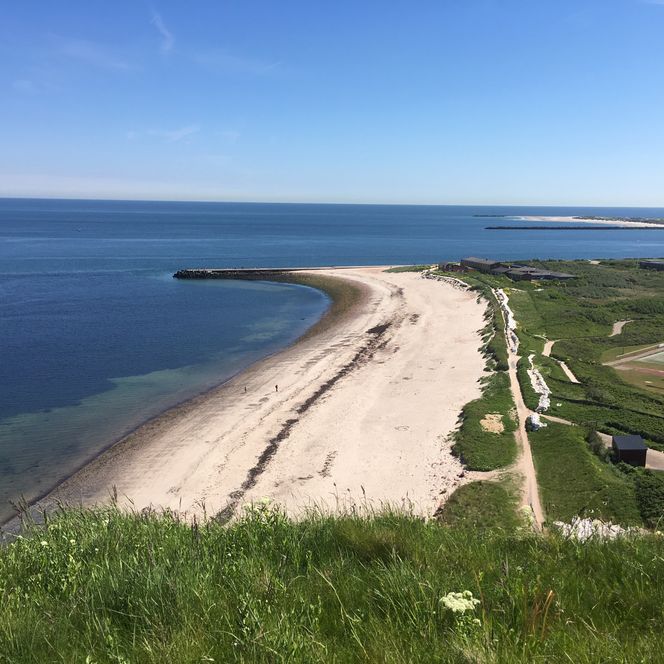 Blick von oben auf den Helgoländer Strand an einem Sommertag.
