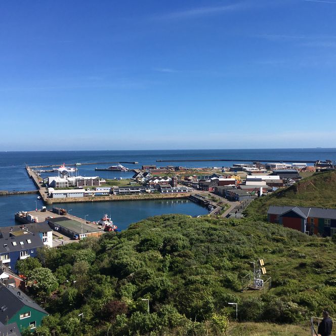 Blick von oben über die Insel Neuwerk an einem Sommertag. Der Himmel ist blau, der Blick führt Richtung Meer.
